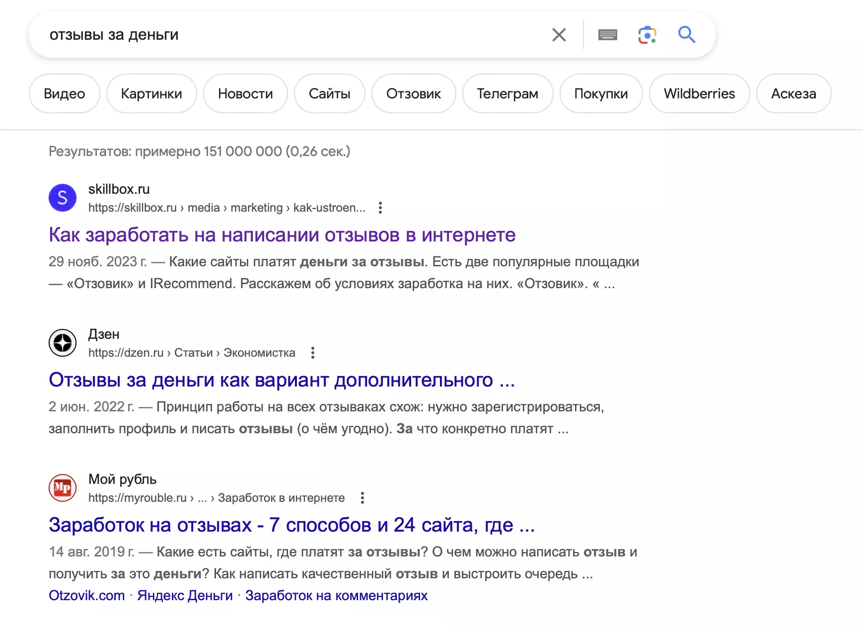 Первая страница поисковой выдачи по запросу «Отзывы за деньги»